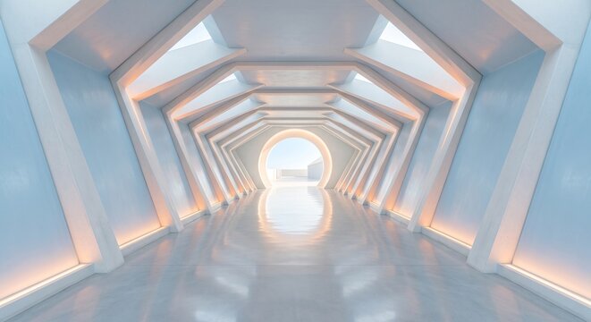 Abstract architectural background featuring a futuristic empty corridor with glowing lights and symmetrical geometric tunnel perspective