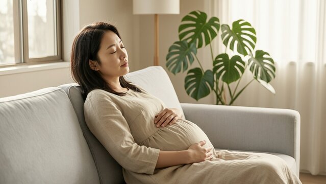 Maternity - Pregnant asian woman relaxing on sofa at home