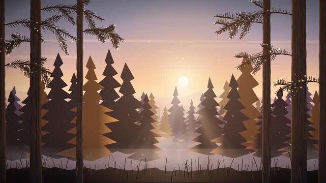 Morning mist flowing through pine forest at dawn, animated background loop