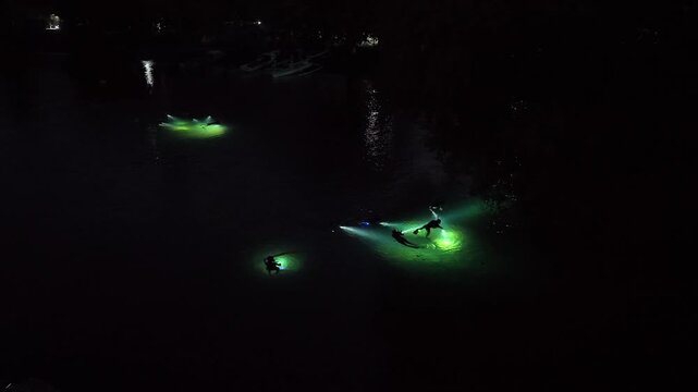 An aerial view shows snorkelers exploring a shallow underwater habitat at night in Lembeh Strait, Indonesia. This area of North Sulawesi is famous for its rare, black sand-associated marine life.
