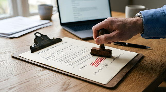 Document Approved: A hand stamps an official document with a red seal, signifying approval and completion of a contract. This image captures the essence of formal verification and legal affirmation.