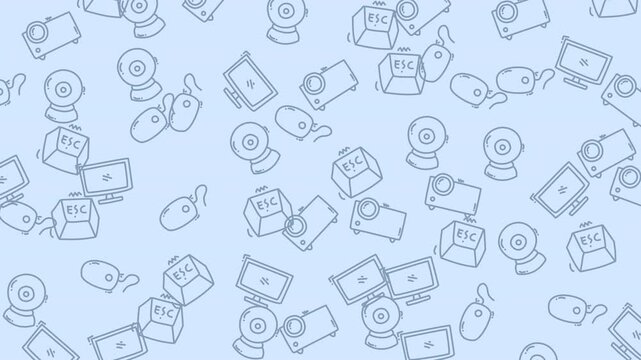 Seamless pattern featuring hand drawn computer peripherals like webcams mice monitors and escape keys.