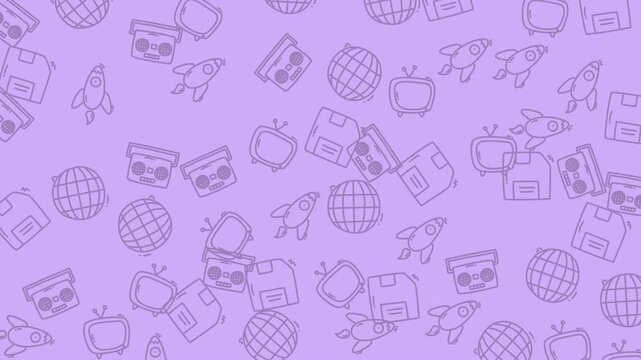 Seamless pattern background with retro technology icons in purple tones.