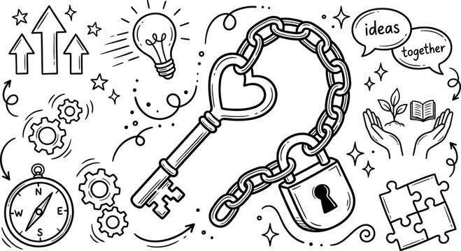 Business success concept doodles with heart shaped key and lock on chain hand drawn business brainstorming solution strategy lightbulb together teamwork innovation development