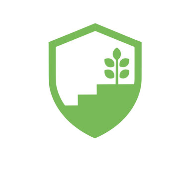 Green shield icon with plant and stairs