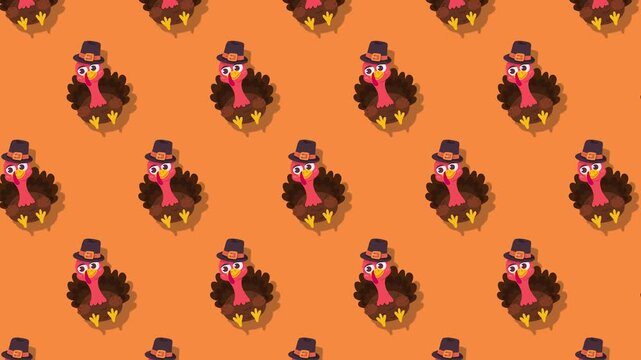 Adorable Thanksgiving Turkeys with Pilgrim Hats Seamless Pattern on Vibrant Orange Background