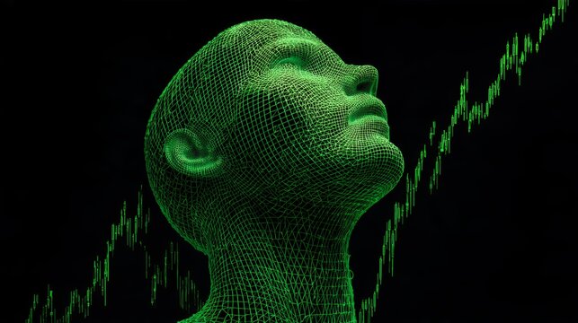 3D mesh wireframe head looking up with rising stock market candlestick chart line for crypto trading and finance meme overlay