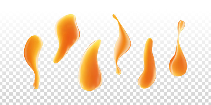 Vector set of caramel drip smudges isolated on the transparent background.