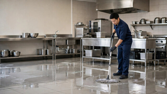 Medium shot of cleaner mopping commercial kitchen floor after service