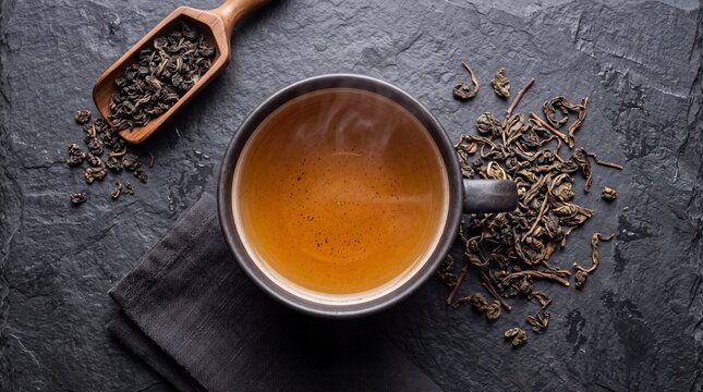 Oolong Tea in a Ceramic Cup with Dried Leaves on Dark Slate Flat Lay