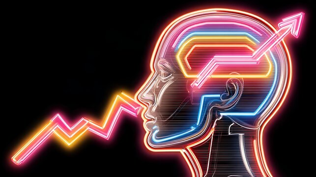 Glowing neon line art of human head profile with brain circuit and rising stock arrow line for creative business meme overlay