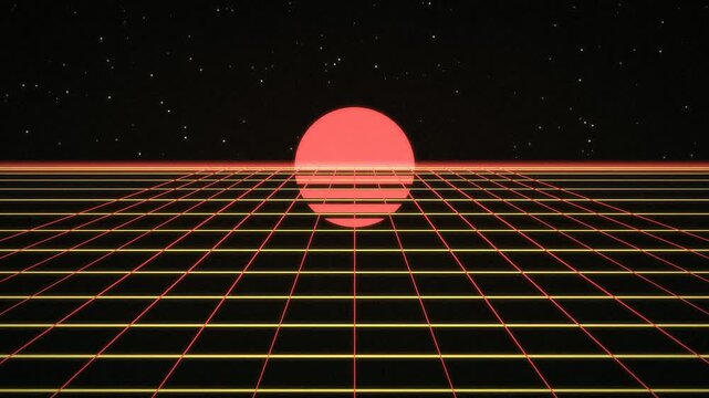 Retro Christmas Grid Tunnel, Red Sun and Neon Grid, Synthwave Holiday Loop