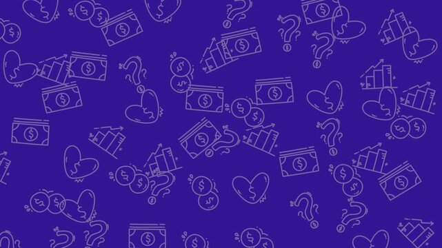 Seamless pattern background with financial icons including money and broken hearts on purple.