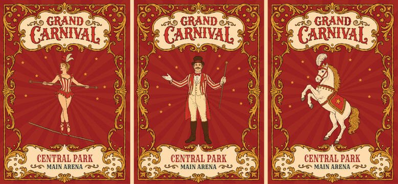 Vintage grand carnival circus handdrawn poster collection featuring a female tightrope performer, classic ringmaster, and performing white horse, decorated with ornate golden frames