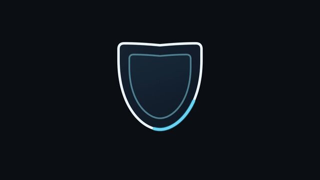 Minimal outline security shield pops up, pulses, and creates synchronized side energy sparks on a dark background.