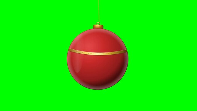 High-quality 2.5D glossy red Christmas bauble hanging on a pure green screen. Features realistic physical pendulum swing, metallic gold cap, subtle decorative band, and controlled surface reflection.