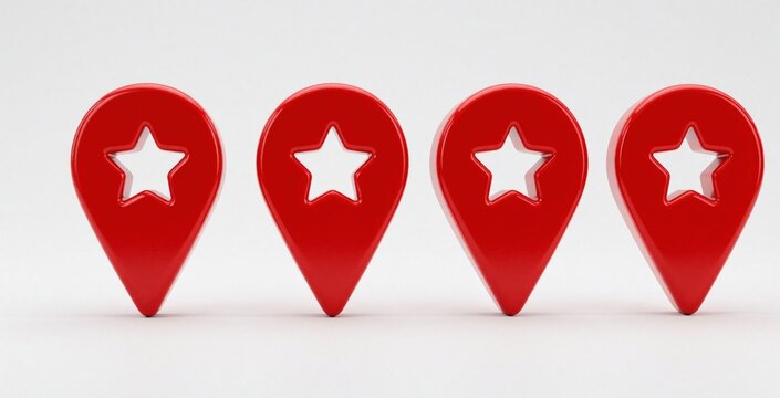 Four red 3d map pin icons with white star symbols inside. Set of location markers for GPS navigation, travel apps. Glossy plastic style pointers indicate favorite places, top rated destinations