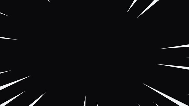 Anime speed lines motion graphic, radial comic burst streaks moving from center, black background, fast zoom lines overlay, seamless loop animation, high energy 4k