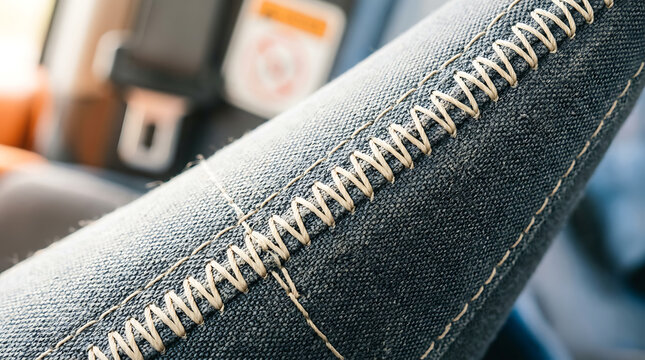 Close-up detail of textured fabric car seat upholstery with decorative zig-zag stitching