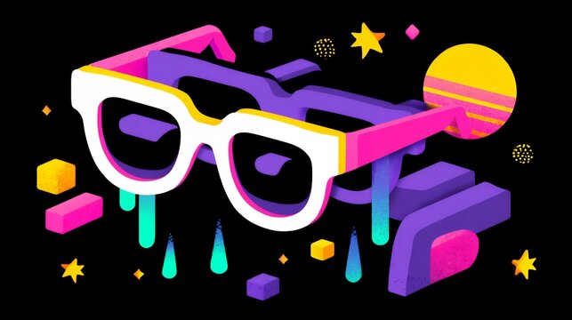 Colorful 3d pop art melting sunglasses vector overlay with retro liquid drip effect and vaporwave shapes for social media meme
