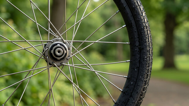 Close-up of a bicycle wheel with water droplets