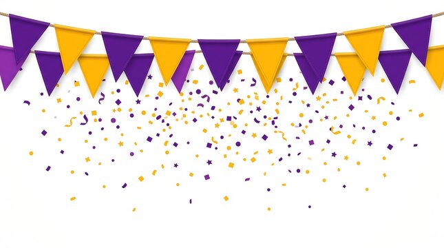 Decorative purple and yellow bunting banner with falling confetti