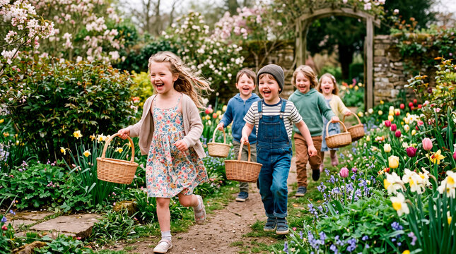 Children with baskets enjoying a spring garden egg hunt