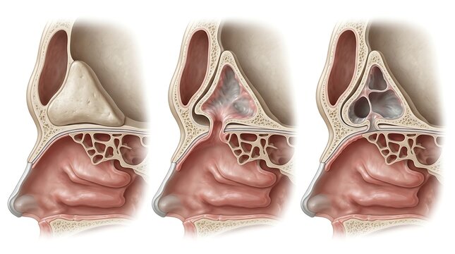 Detailed anatomical cross-section of human nasal sinuses showing different states of health and congestion