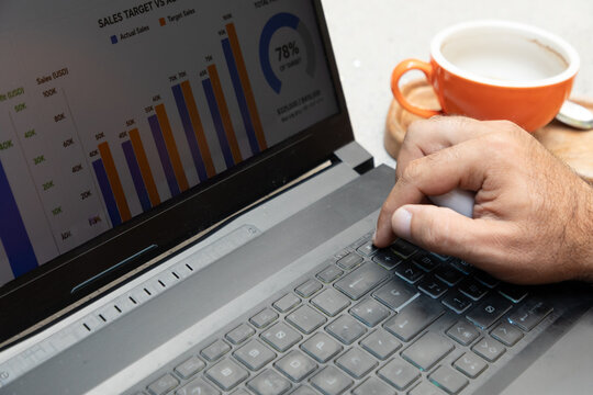 Senior professional analyze sales target data on laptop
