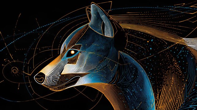 Cybernetic glowing line art dog wolf profile illustration vector overlay for futuristic tech meme design and digital art background