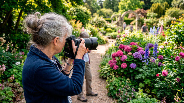 Woman photographing vibrant flowers in a lush garden setting