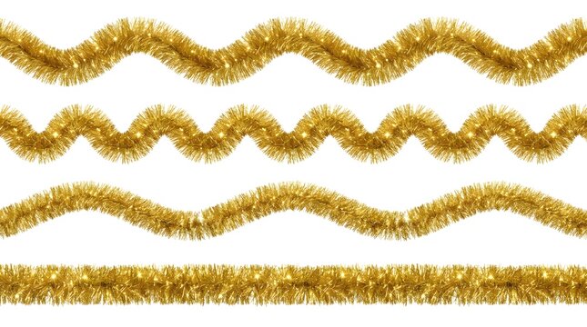 Golden tinsel garlands isolated on white background