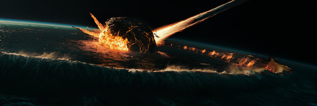 Asteroideneinschlag auf der Erde mit Feuer und Explosion aus dem Weltraum