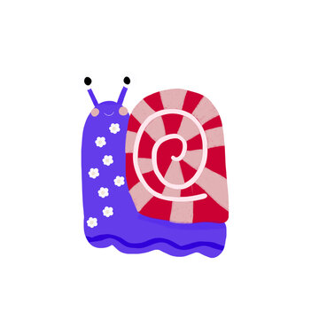 Delightful hand-drawn illustration of a happy purple snail decorated with white flowers and a red-and-pink striped spiral shell. Excellent for children's designs and fairy tale themes.