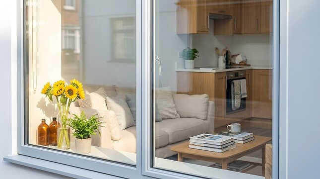 Window reflection showing modern living room interior with cozy sofa, coffee table, and kitchen in background