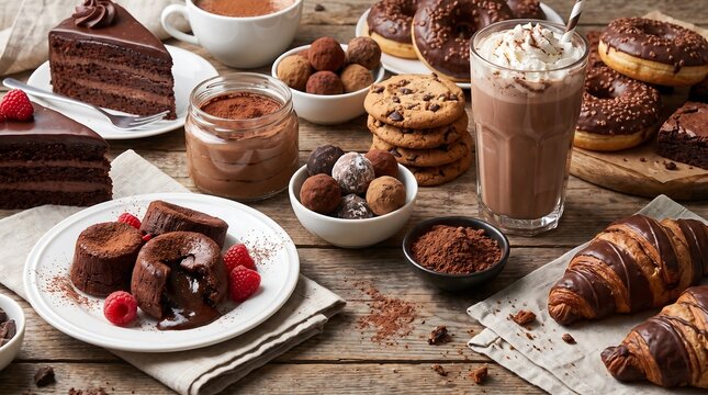 Selection of indulgent chocolate sweets and pastries on wooden table