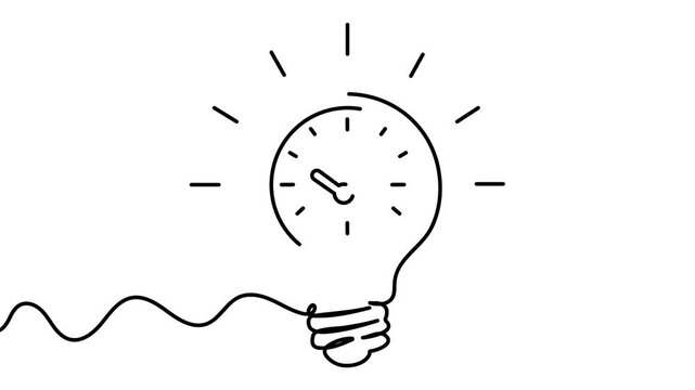 Lightbulb clock animation drawing continuous line art on white background in 4k. Lightbulb clock animation depicting a single line drawing of a clock face inside a light bulb. 4K animation.