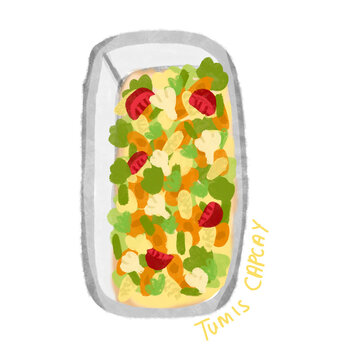 Hand-drawn culinary illustration of traditional mixed stir-fried vegetables ("Tumis Capcay") containing colorful veggies and tomatoes in a container. Perfect for Asian restaurant menus, healthy food p