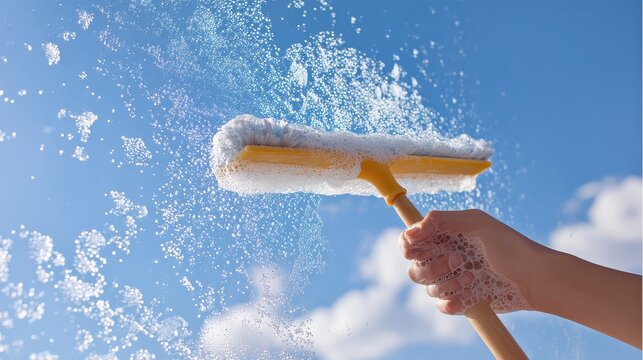 Hand using a squeegee to clean a glass window with soap suds