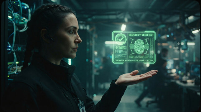 Cybersecurity operator validating server identity launching glowing green security passport biometric verification certificate layout data encryption network interface