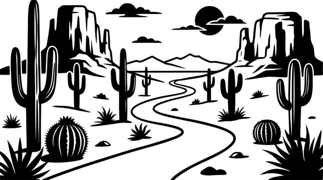 Black and white desert landscape vector illustration with cactus and road