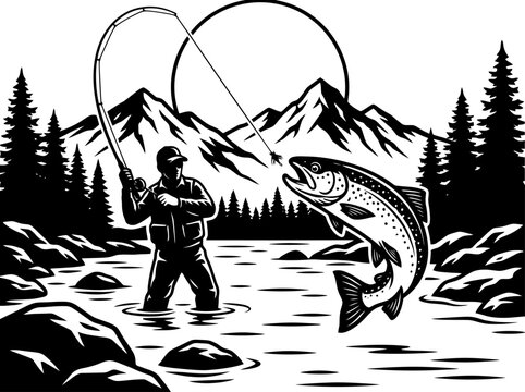 Black and white illustration of a fly fisherman catching a large trout in a mountain river