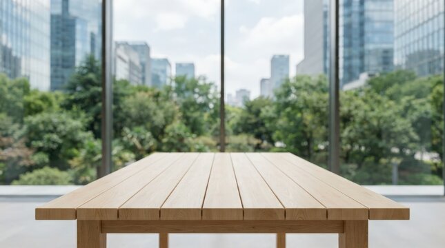 A sleek empty wooden tabletop with smooth grain texture showcases soft lighting and blurred urban greenery bokeh background ideal for product advertising, mockups, and creative montage presentations.
