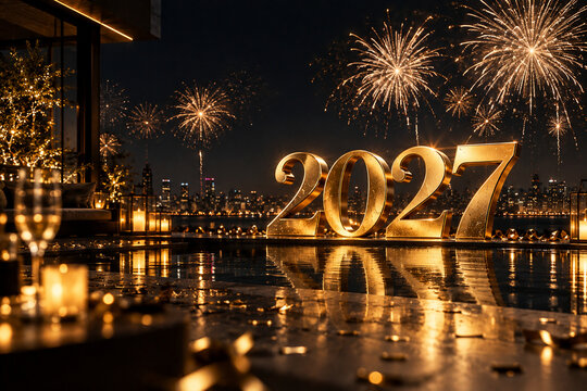 Elegant Golden 2027 New Year Celebration with Fireworks and City Lights