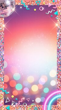 Retro 80s and 90s party background featuring a disco ball, neon geometric shapes, colorful bokeh, and glitter on a vibrant pink and purple gradient