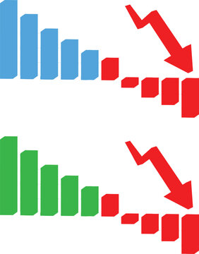 Set of two declining bar charts with red arrows showing financial loss and business decrease
