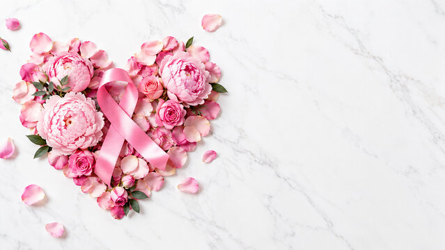 Pink breast cancer awareness ribbon on floral heart over white marble with copy space