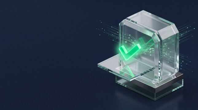 Isometric 3D render of glass security module confirming transaction validity with glowing emerald proof verification checkmark on dark navy backdrop with copy space