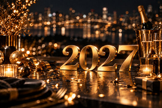 Elegant Golden 2027 New Year Celebration with Fireworks and City Lights