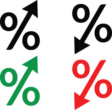 Percentage symbols with up and down arrows showing growth and decline in black red and green colors